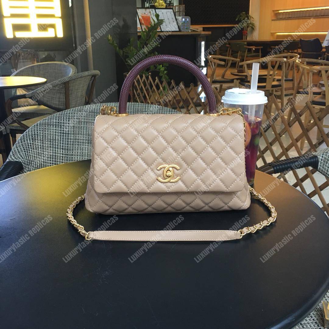 Ch*el flap bag with top handle beige