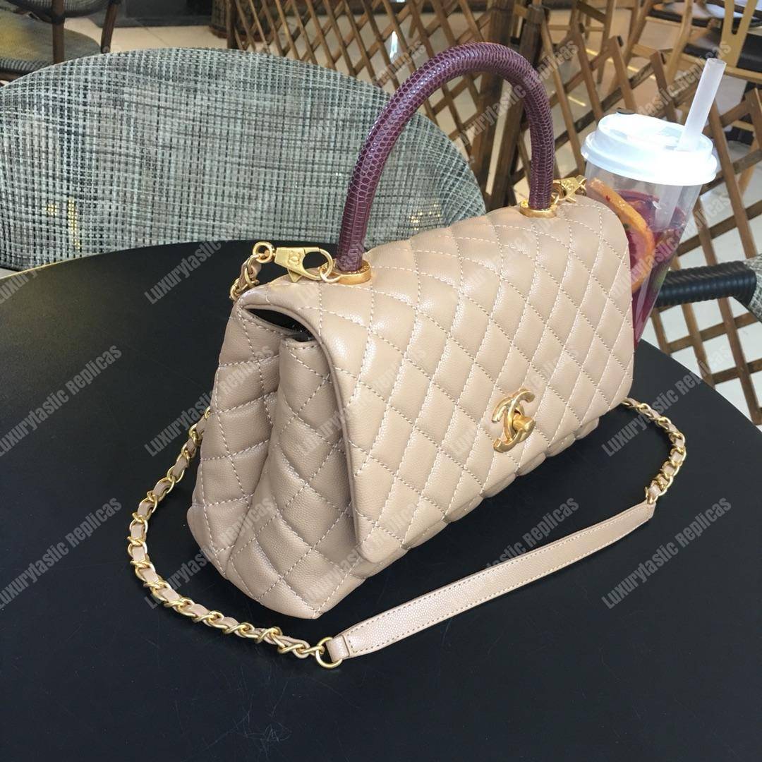 Ch*el flap bag with top handle beige