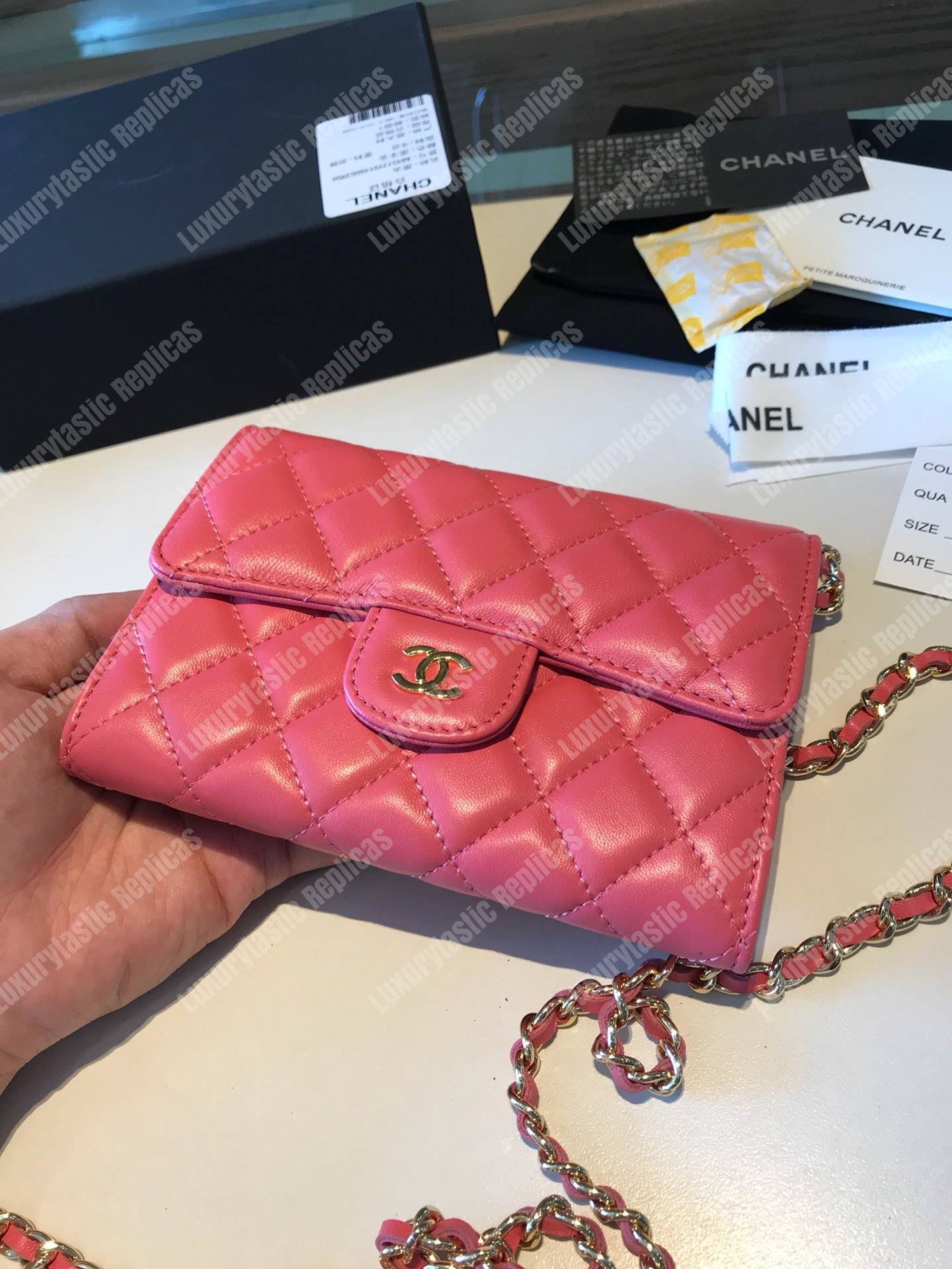 Ch*el classic clutch with chain – cwc lambskin pink silver-toned