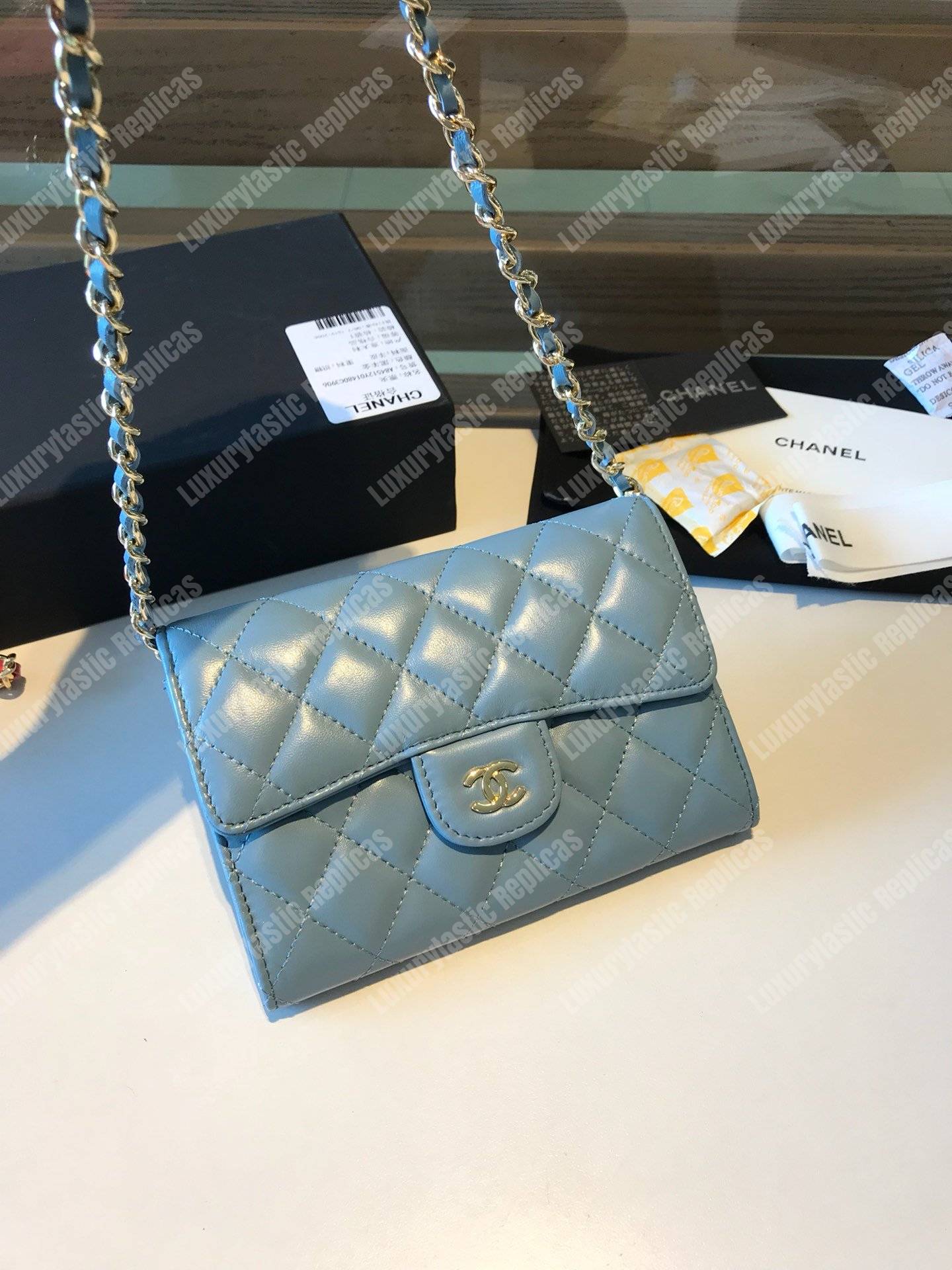 Ch*el classic clutch with chain – cwc lambskin light blue silver-toned