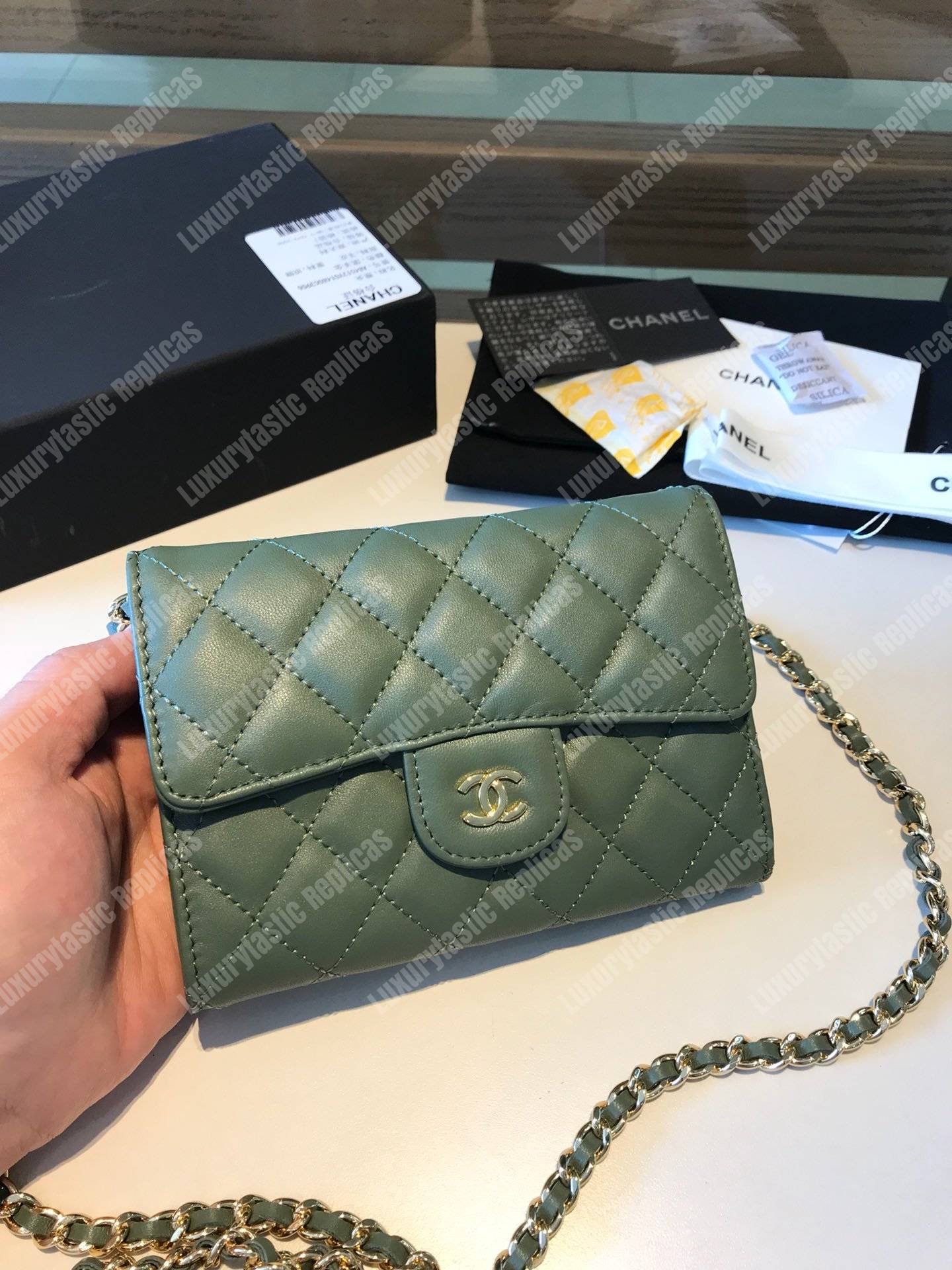 Ch*el classic clutch with chain – cwc lambskin pistachio silver-toned