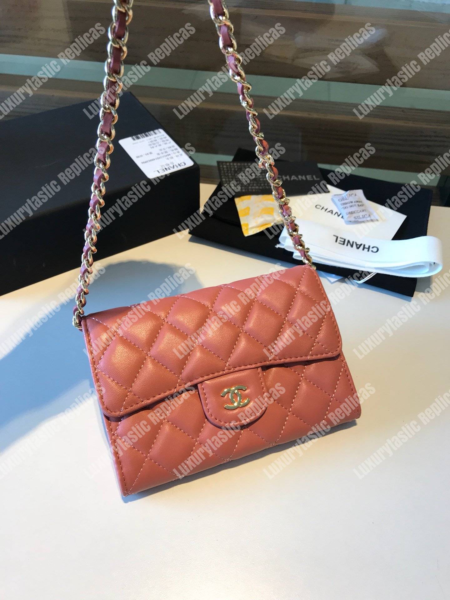 Ch*el classic clutch with chain – cwc lambskin peach silver-toned