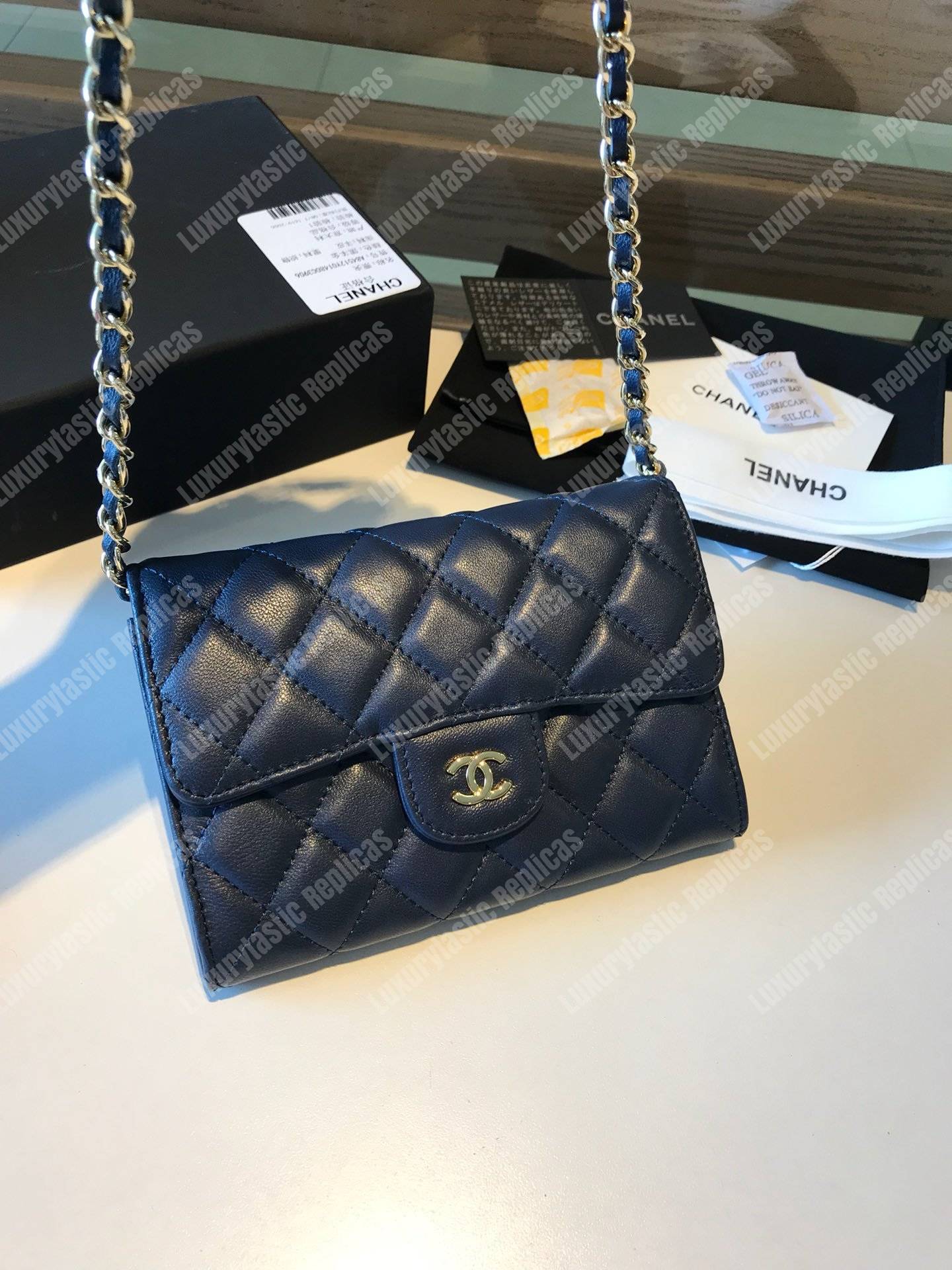Ch*el classic clutch with chain – cwc lambskin blue silver-toned