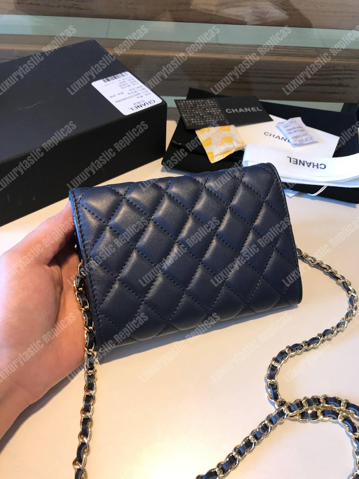 Ch*el classic clutch with chain – cwc lambskin blue silver-toned