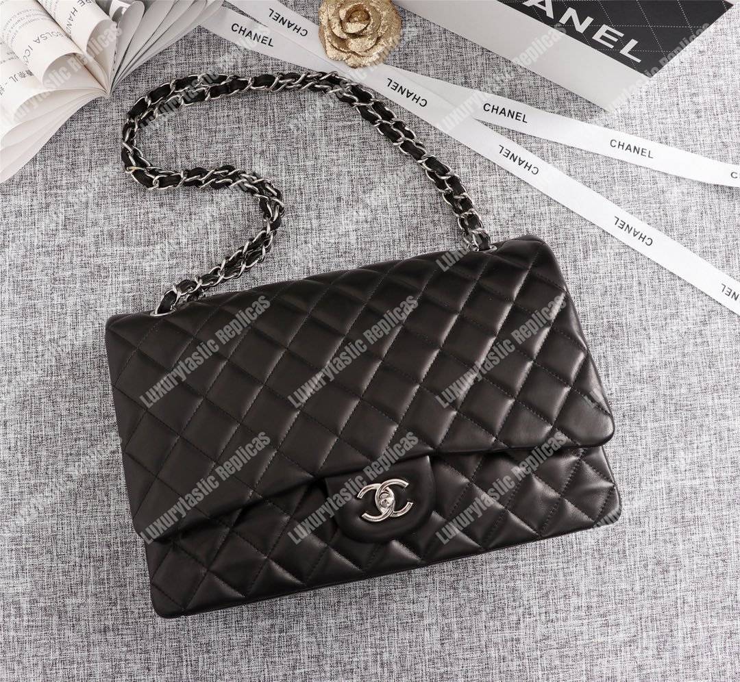 Ch*el classic flap maxi black lambskin-silver tone metal