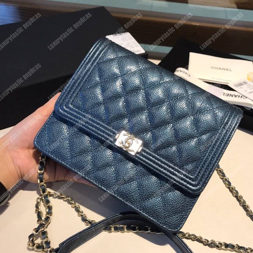 Ch*el boy square clutch with chain – cwc grained calfskin blue