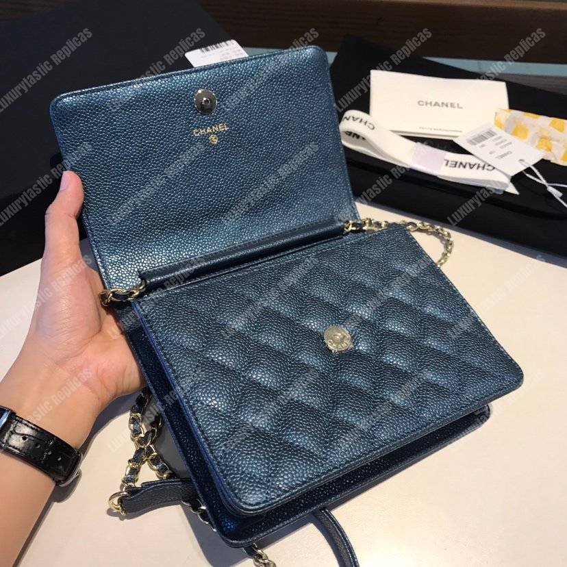 Ch*el boy square clutch with chain – cwc grained calfskin blue