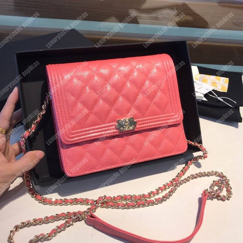 Ch*el boy square clutch with chain – cwc grained calfskin pink