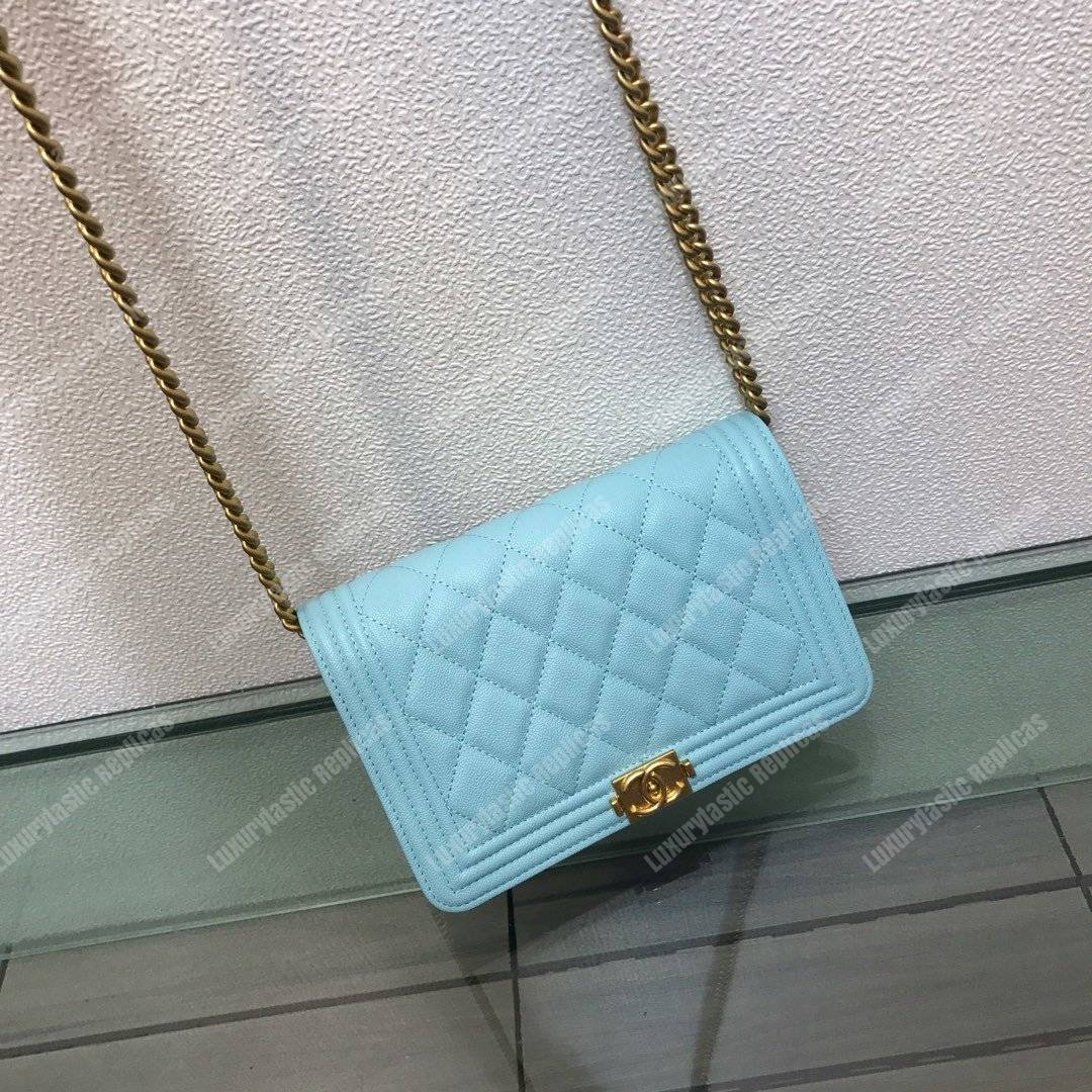 Ch*el le boy wallet on chain – woc grained calfskin gold-toned light blue