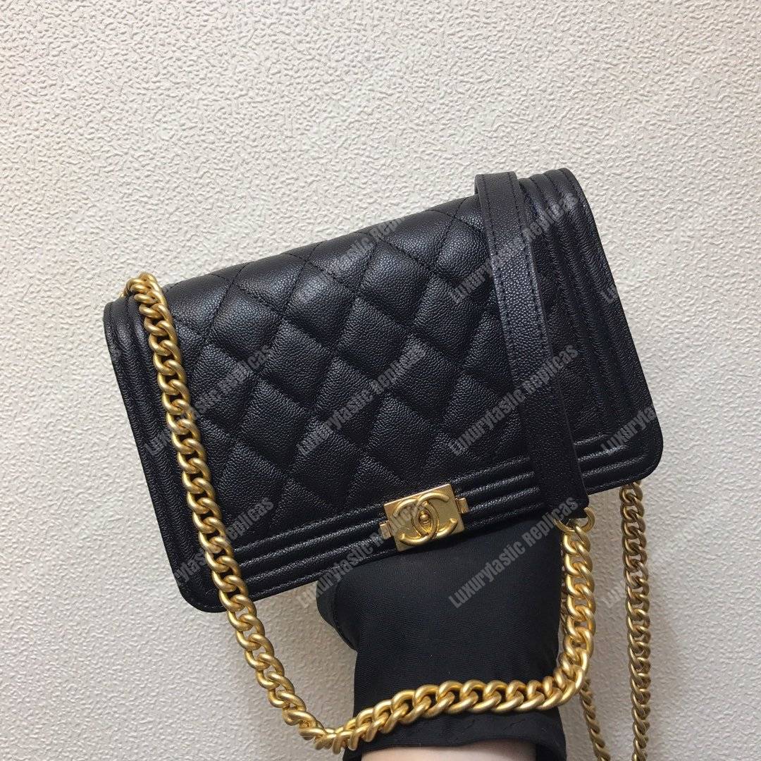 Ch*el le boy wallet on chain – woc grained calfskin gold-toned black