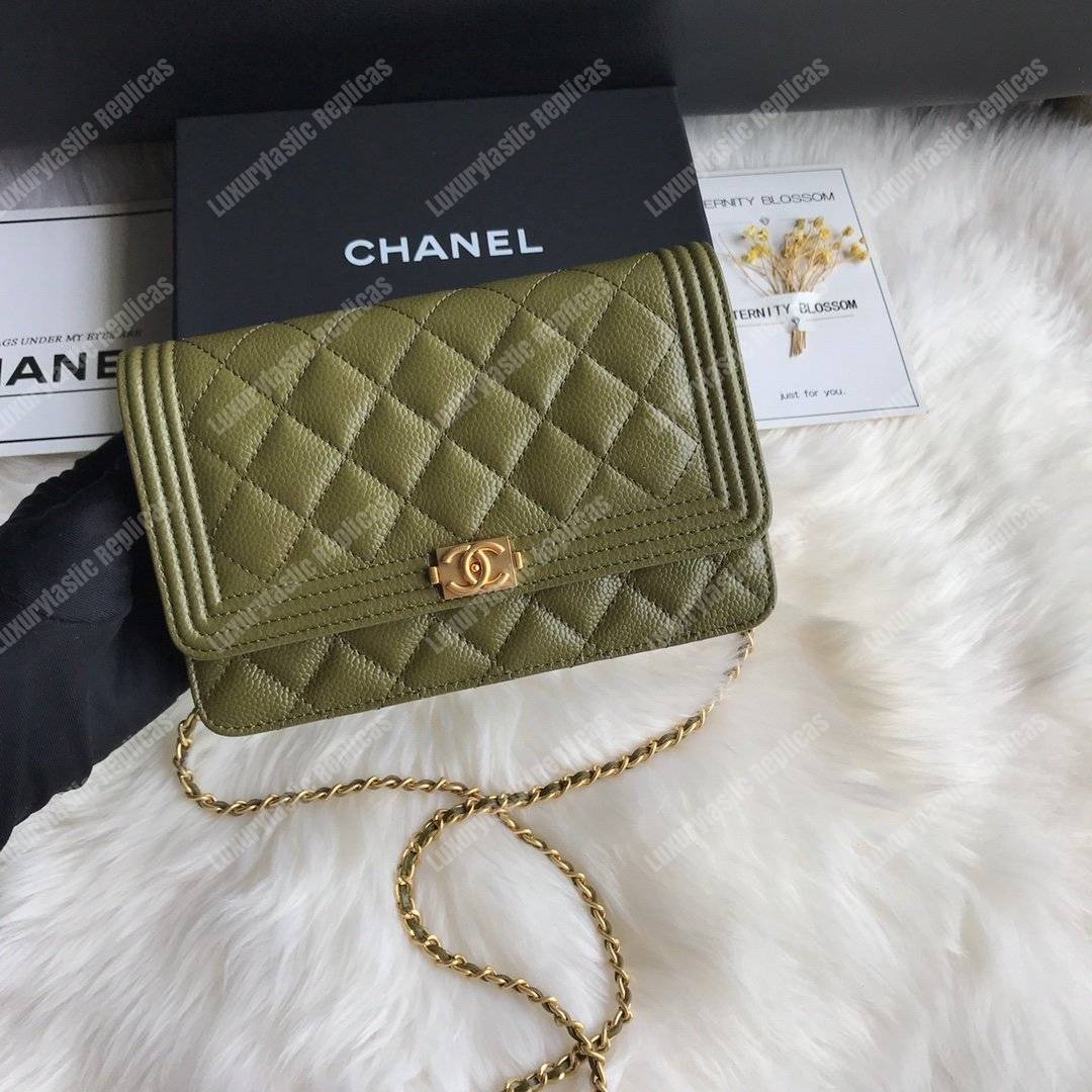 Ch*el le boy wallet on chain – woc khaki caviar gold-toned