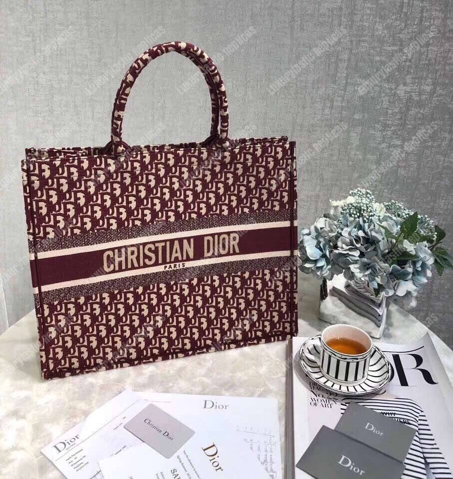 D*or book tote bag in embroidered canvas burgundy D*or oblique