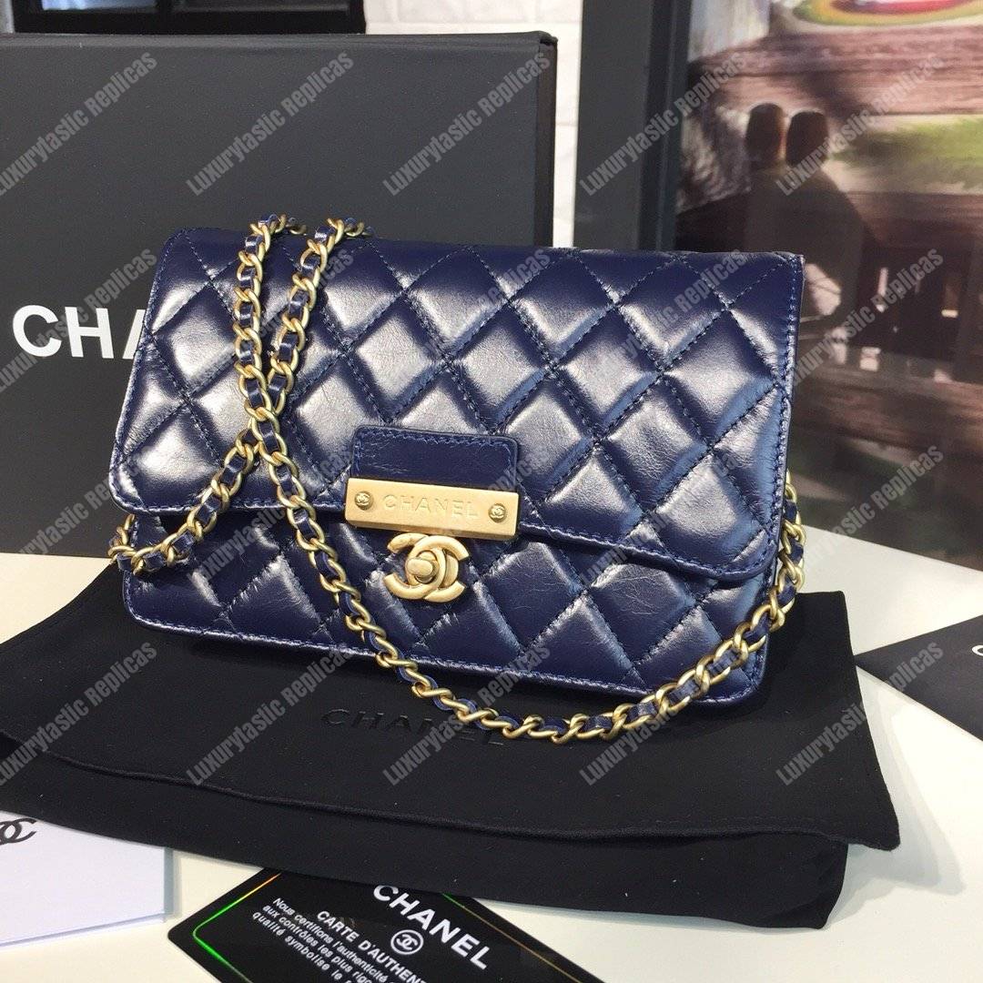 Ch*el wallet on chain – woc golden class calfskin dark blue