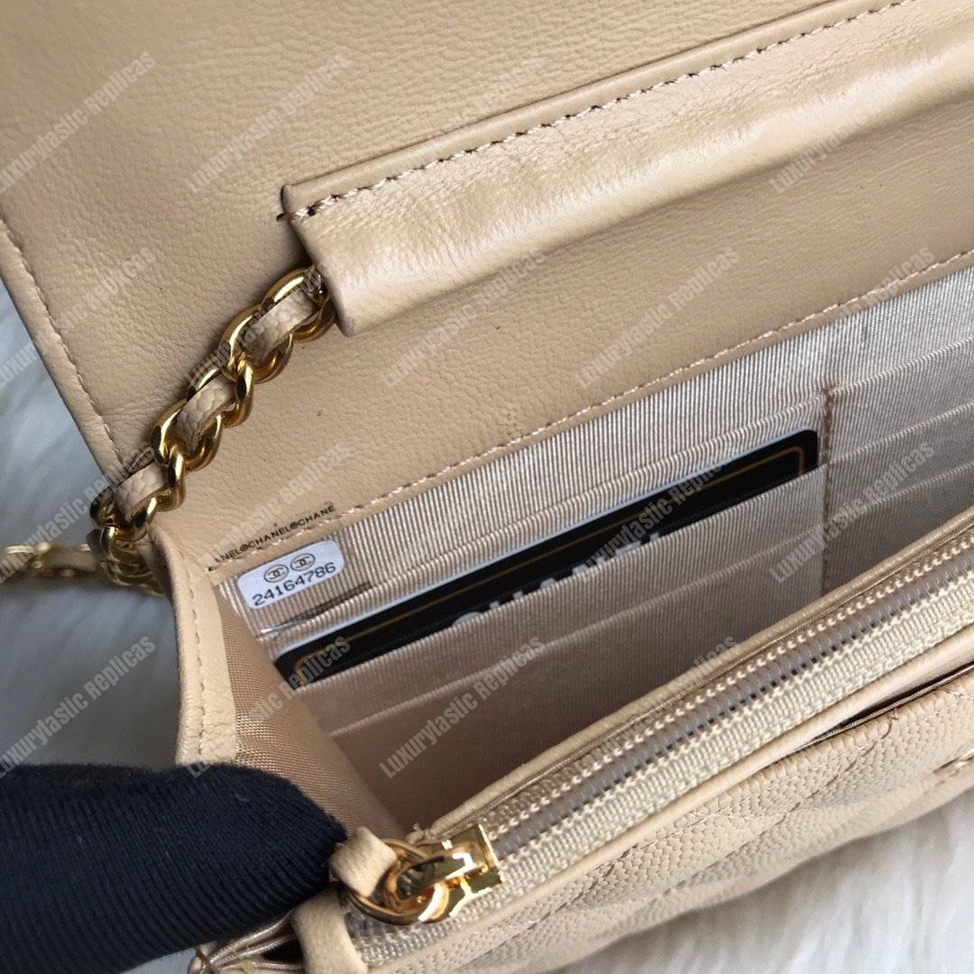 Ch*el wallet on chain – woc cc filigree beige grained calfskin
