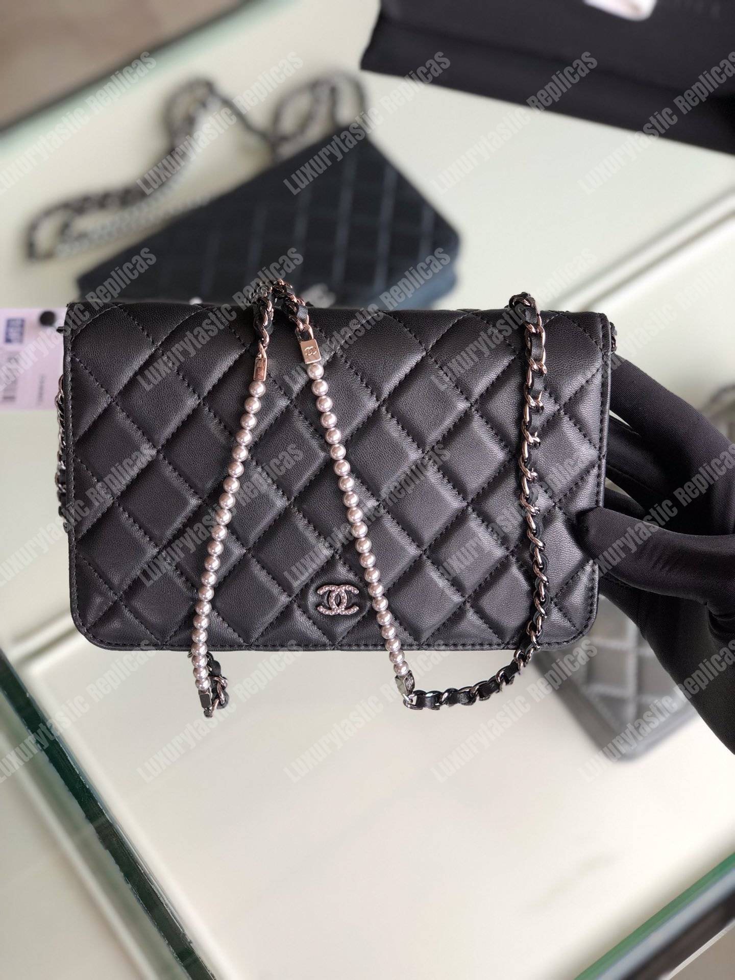 Ch*el pearl wallet on chain – woc classic black lambskin gold-toned