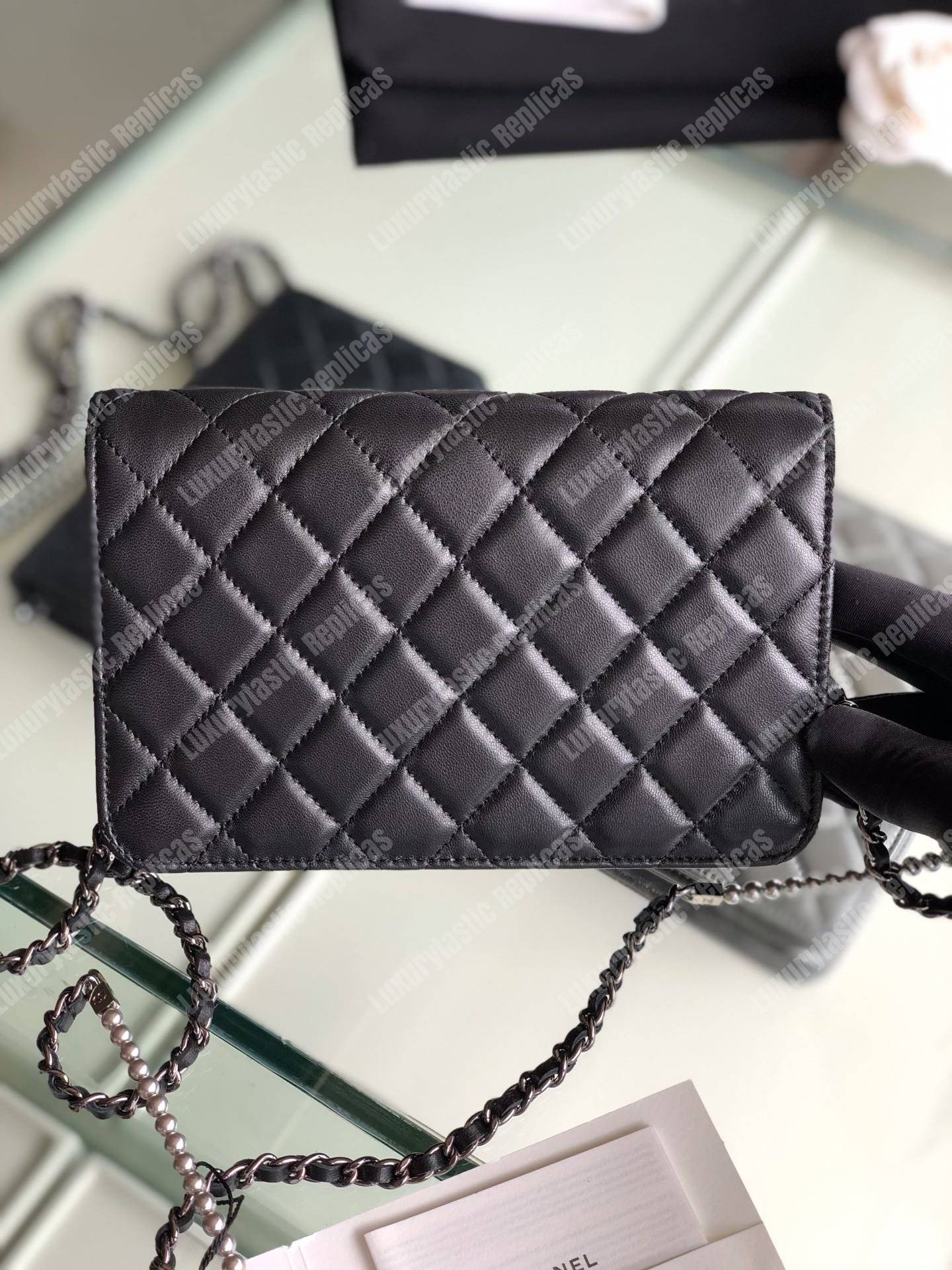 Ch*el pearl wallet on chain – woc classic black lambskin gold-toned