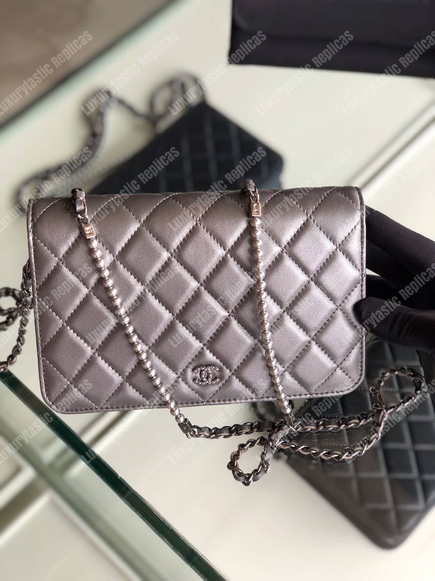 Ch*el pearl wallet on chain – woc classic silver lambskin gold-toned