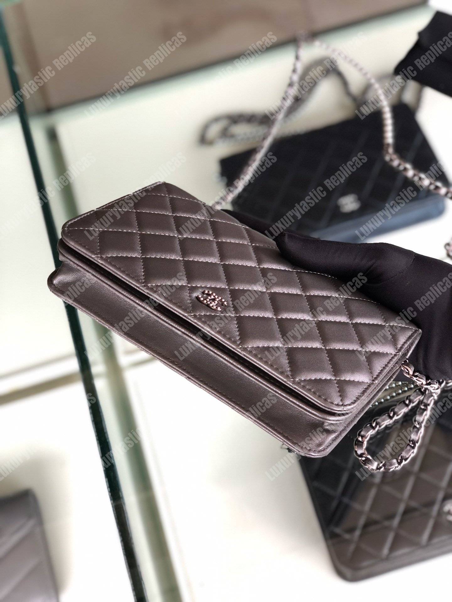 Ch*el pearl wallet on chain – woc classic silver lambskin gold-toned