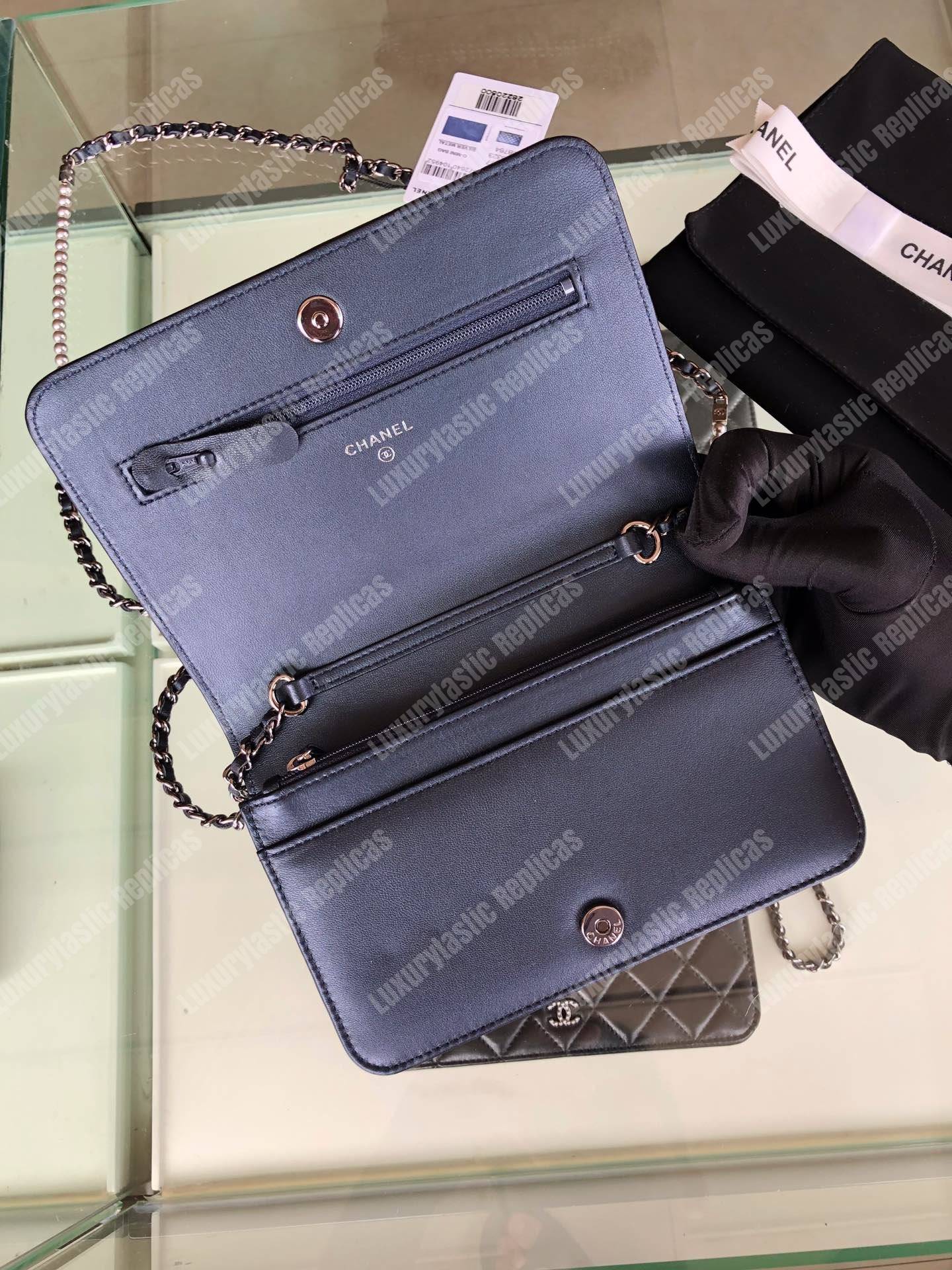 Ch*el pearl wallet on chain – woc classic navy blue lambskin gold-toned