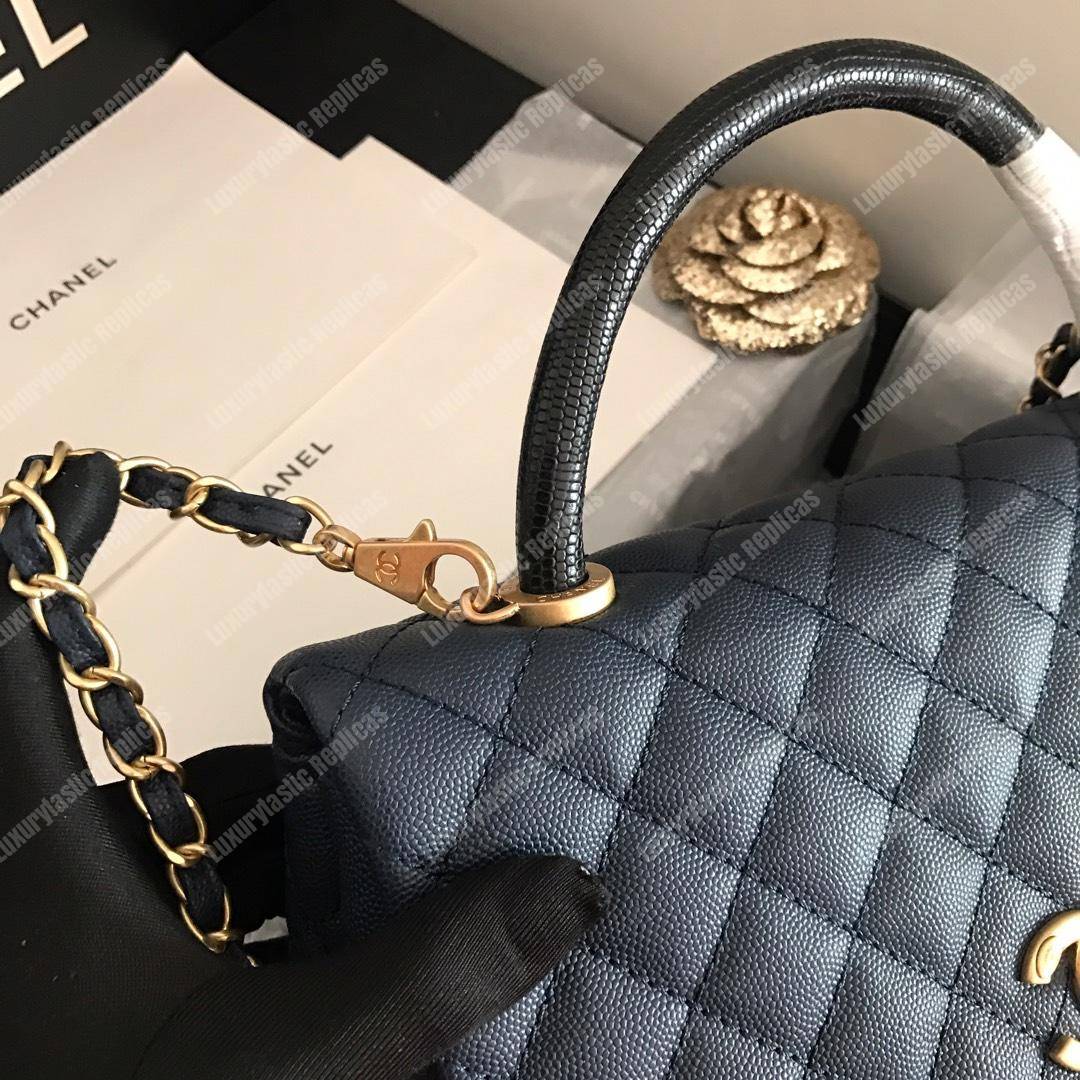Ch*el flap bag with top handle navy blue