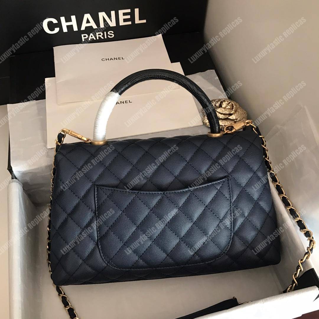 Ch*el flap bag with top handle navy blue