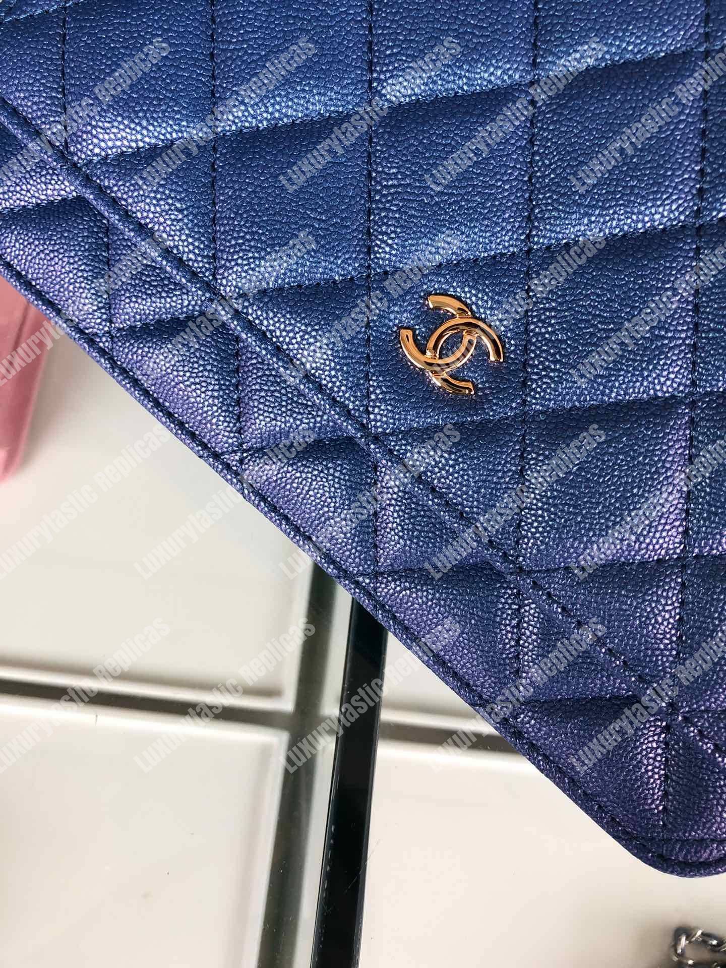 Ch*el wallet on chain – woc classic caviar gold-toned metal blue