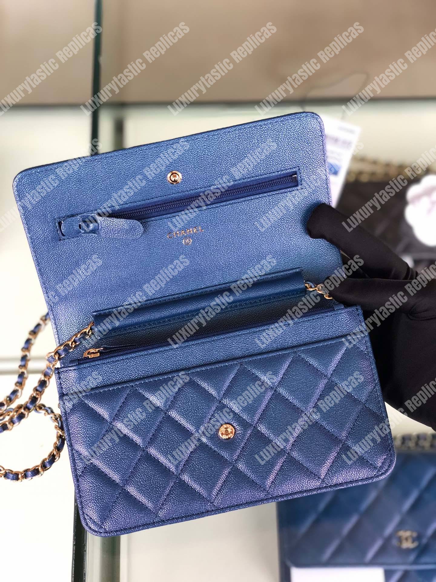 Ch*el wallet on chain – woc classic caviar gold-toned metal blue