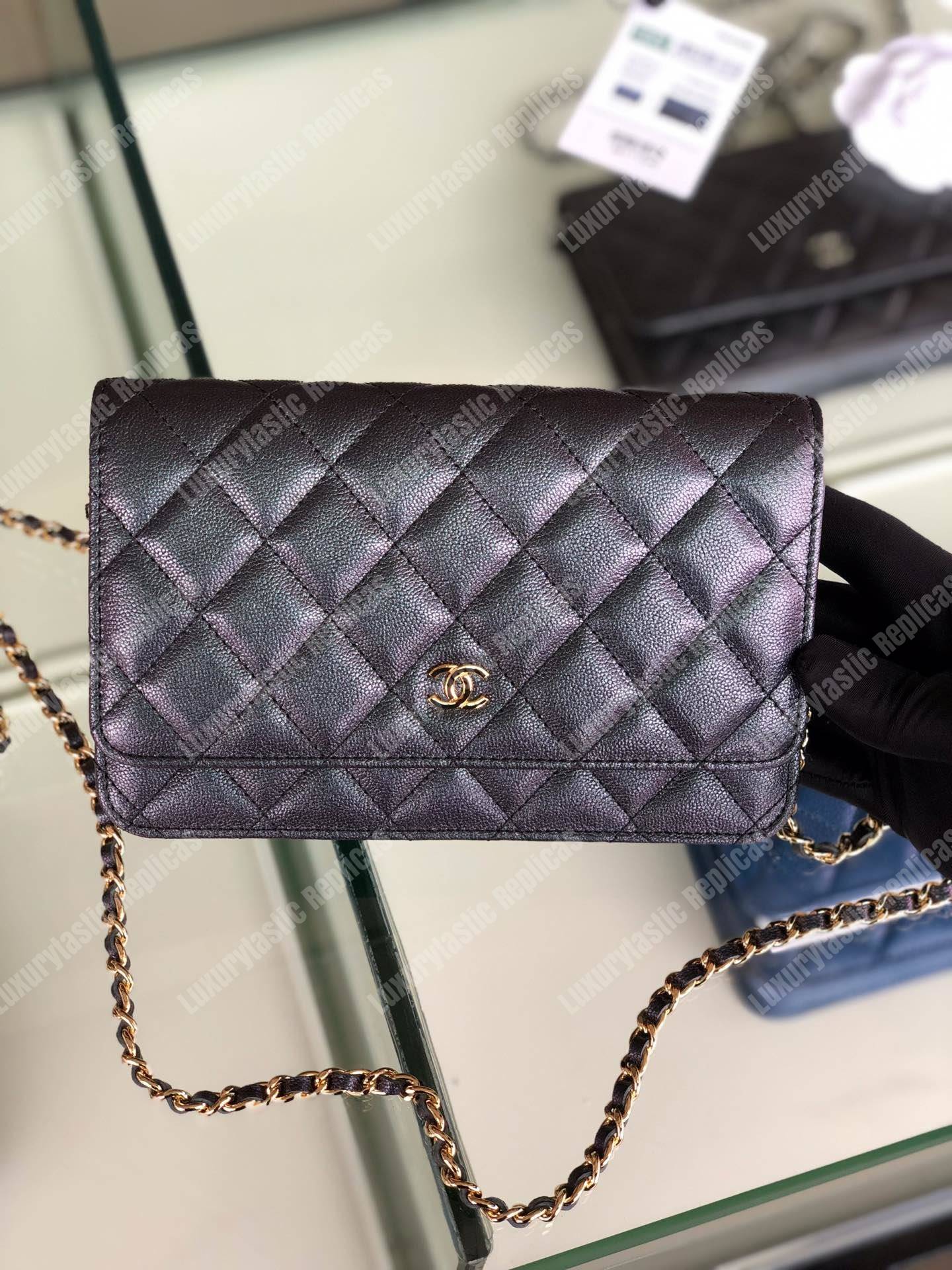Ch*el wallet on chain – woc classic caviar gold-toned metal dark grey