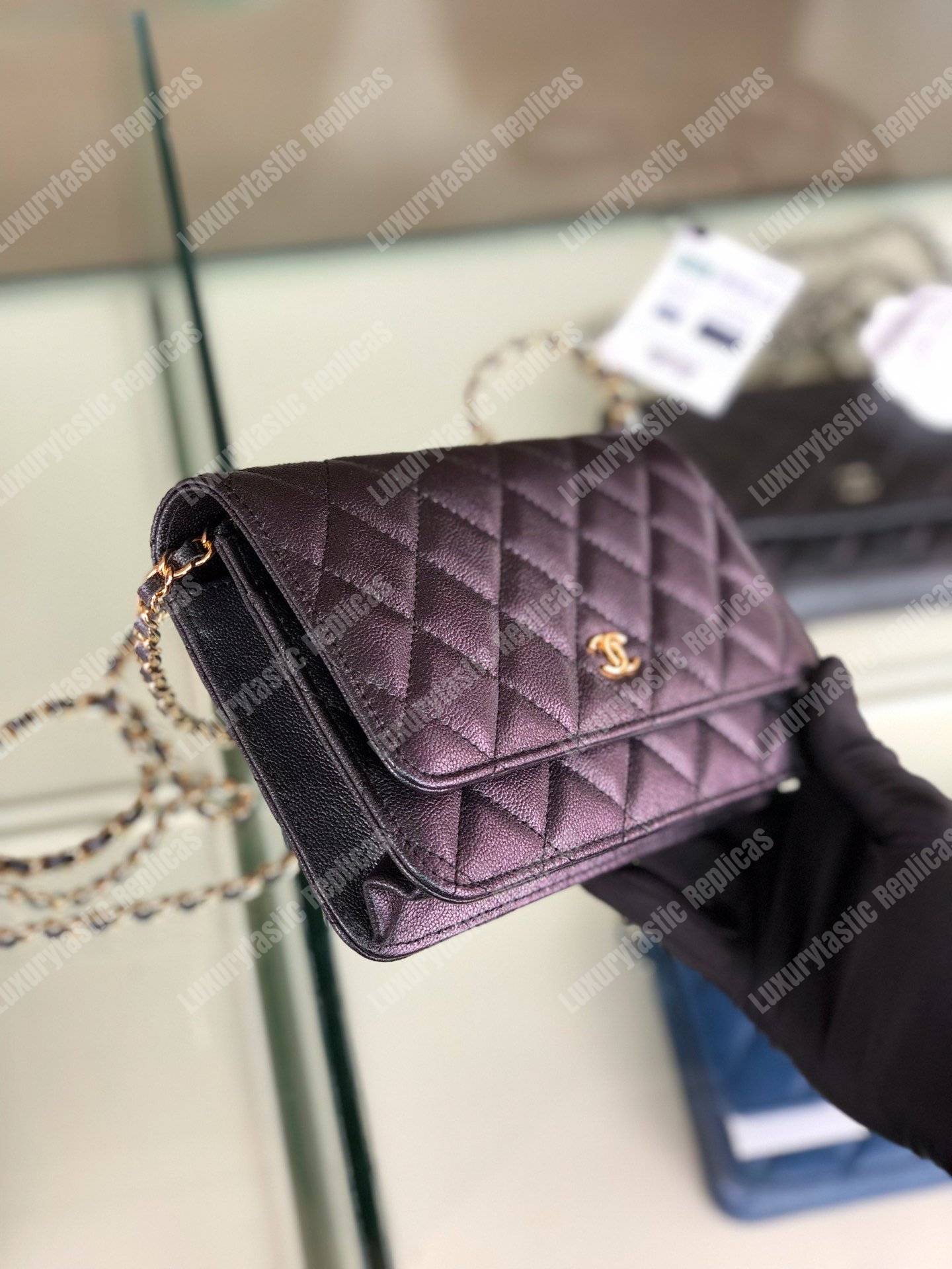 Ch*el wallet on chain – woc classic caviar gold-toned metal dark grey