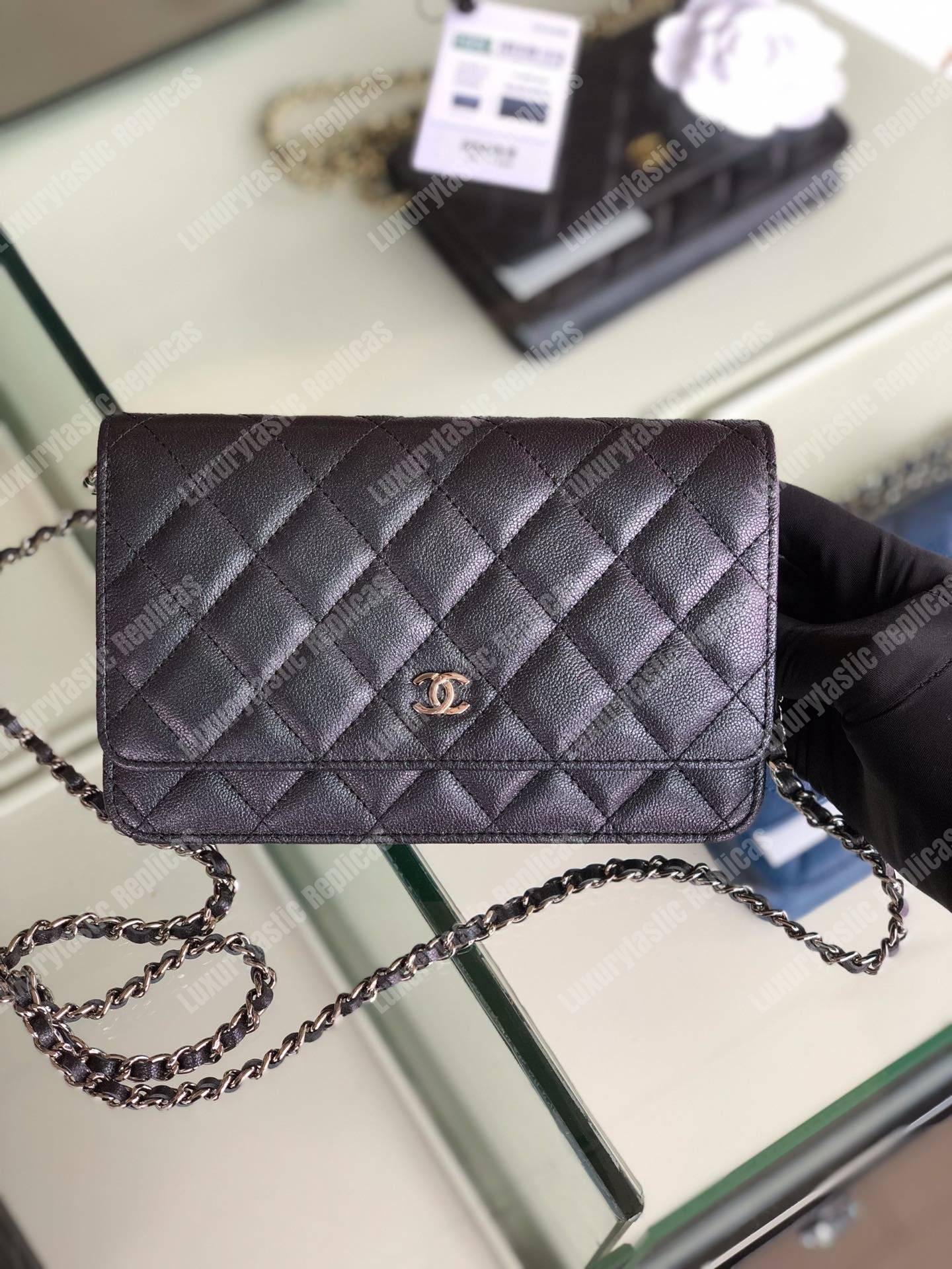 Ch*el wallet on chain – woc classic caviar silver-toned metal dark grey