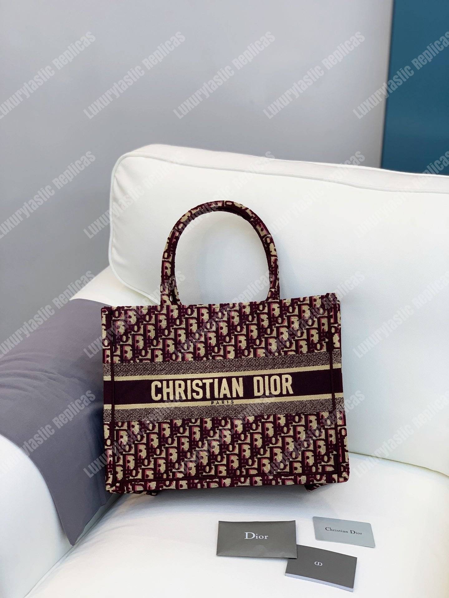 mini D*or book tote bag in embroidered canvas burgundy D*or oblique