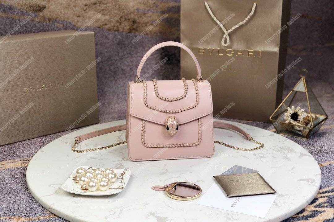 BVL Serpenti Forever Crossbody Small Tophandle Bag Crystal Rose With Woven Chain