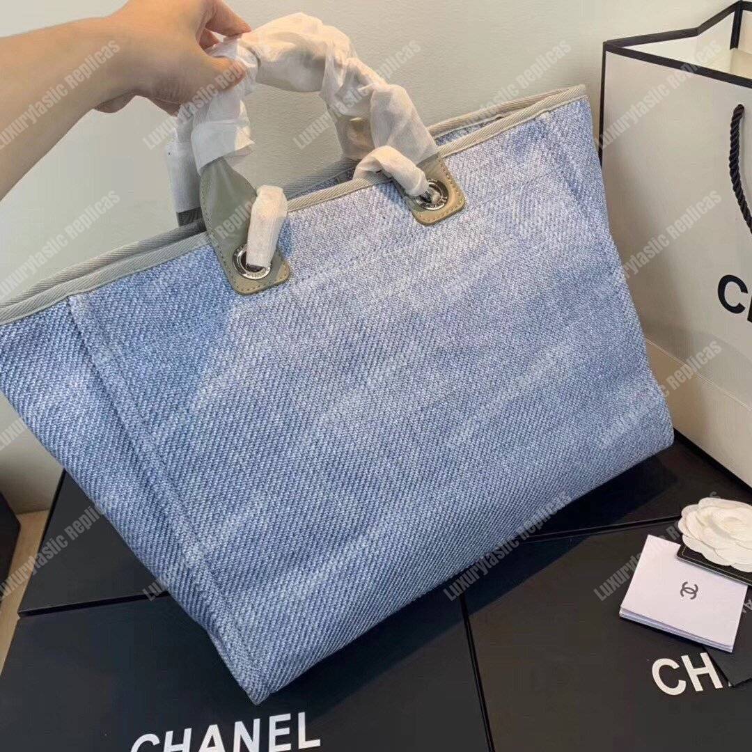 Ch*el deauville fabric tote seaglass/navy blue