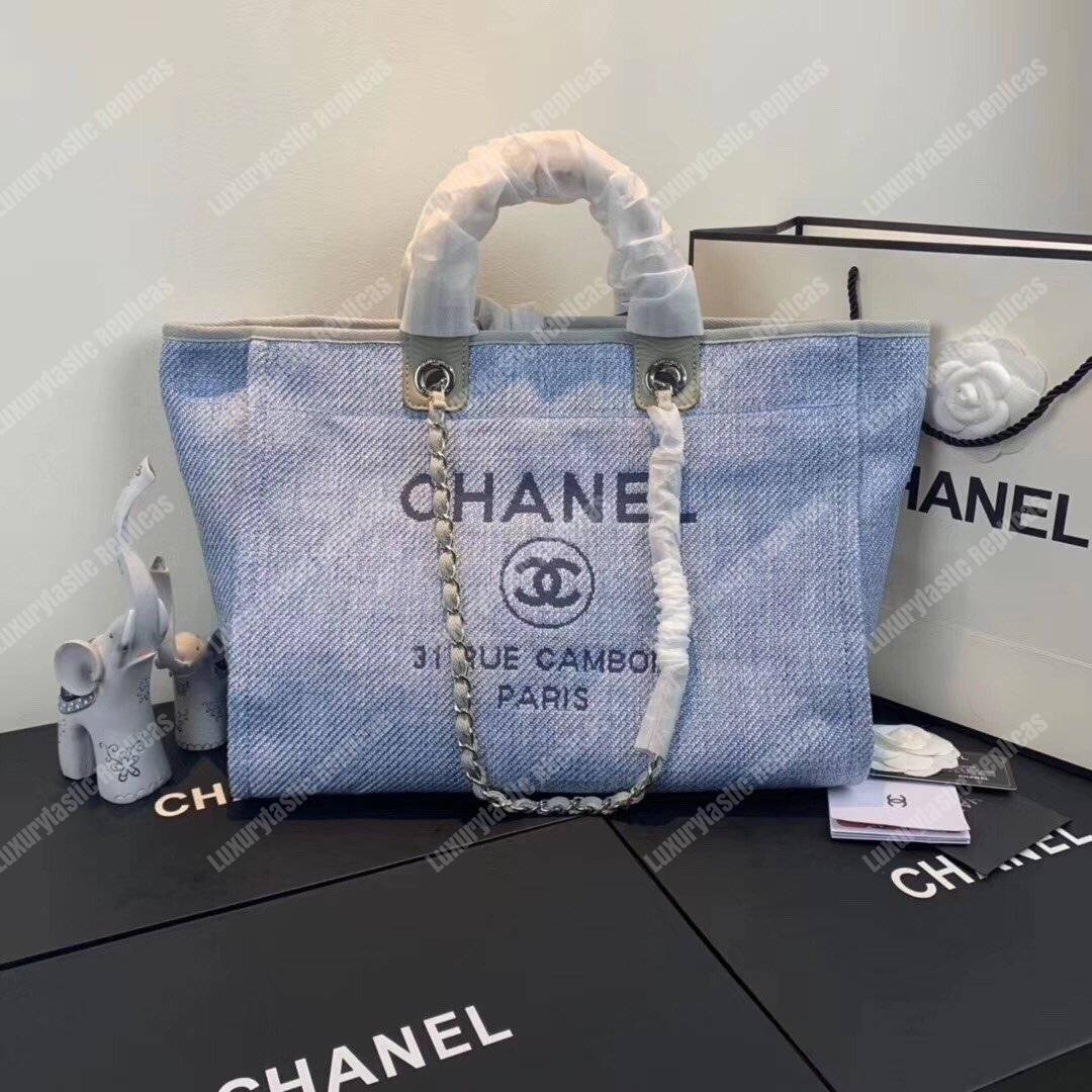 Ch*el deauville fabric tote seaglass/navy blue
