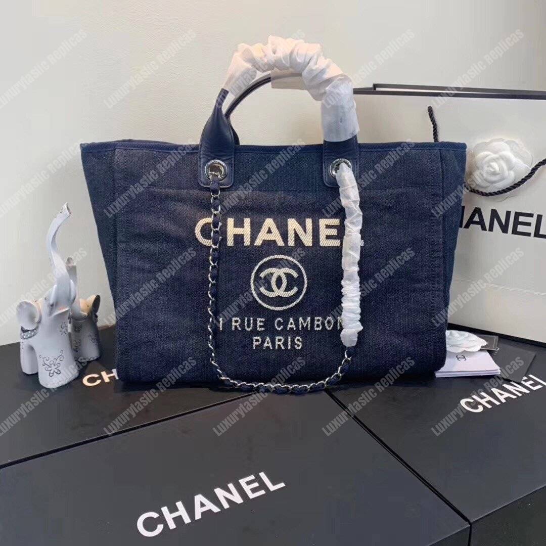 Ch*el deauville fabric tote blue/white