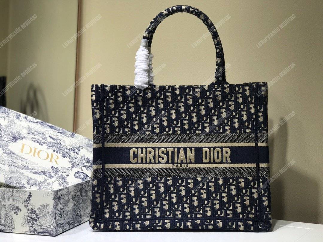 mini D*or book tote bag in embroidered canvas blue D*or oblique