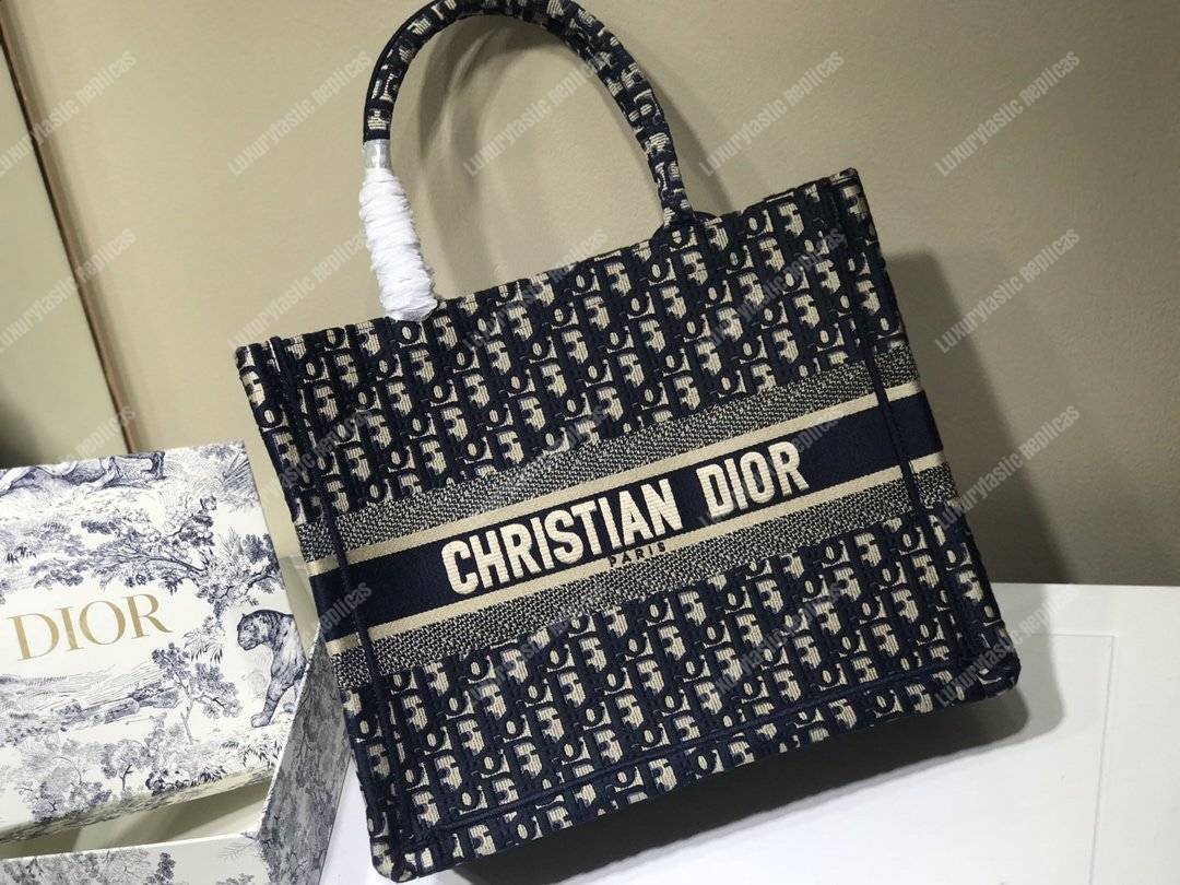 mini D*or book tote bag in embroidered canvas blue D*or oblique