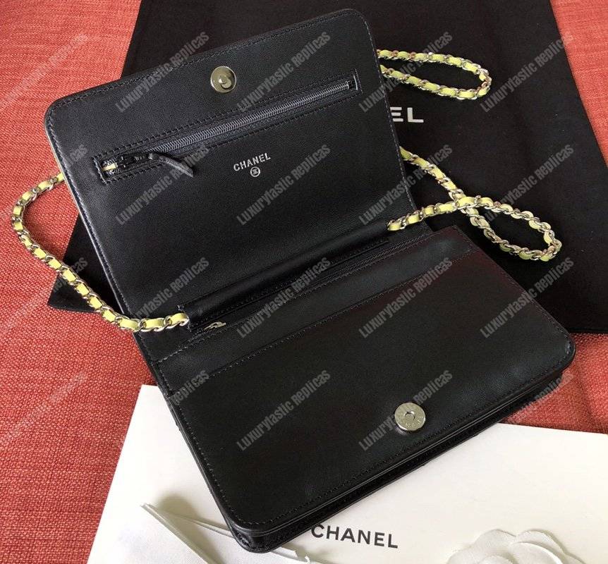 Ch*el wallet on chain – woc color pop cc lambskin black