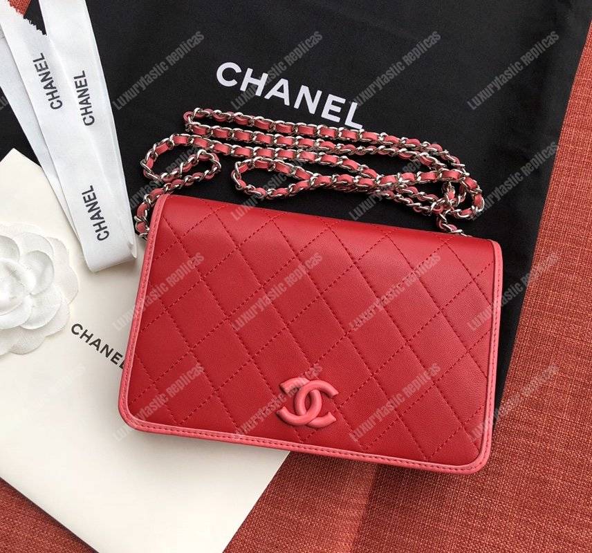 Ch*el wallet on chain – woc color pop cc lambskin red