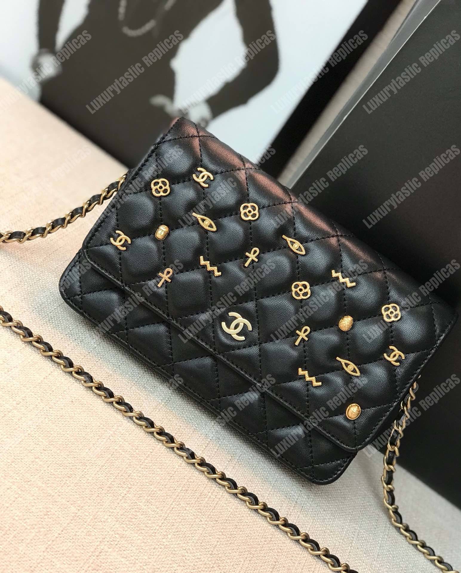 Ch*el wallet on chain – woc grained quilted calfskin black studded