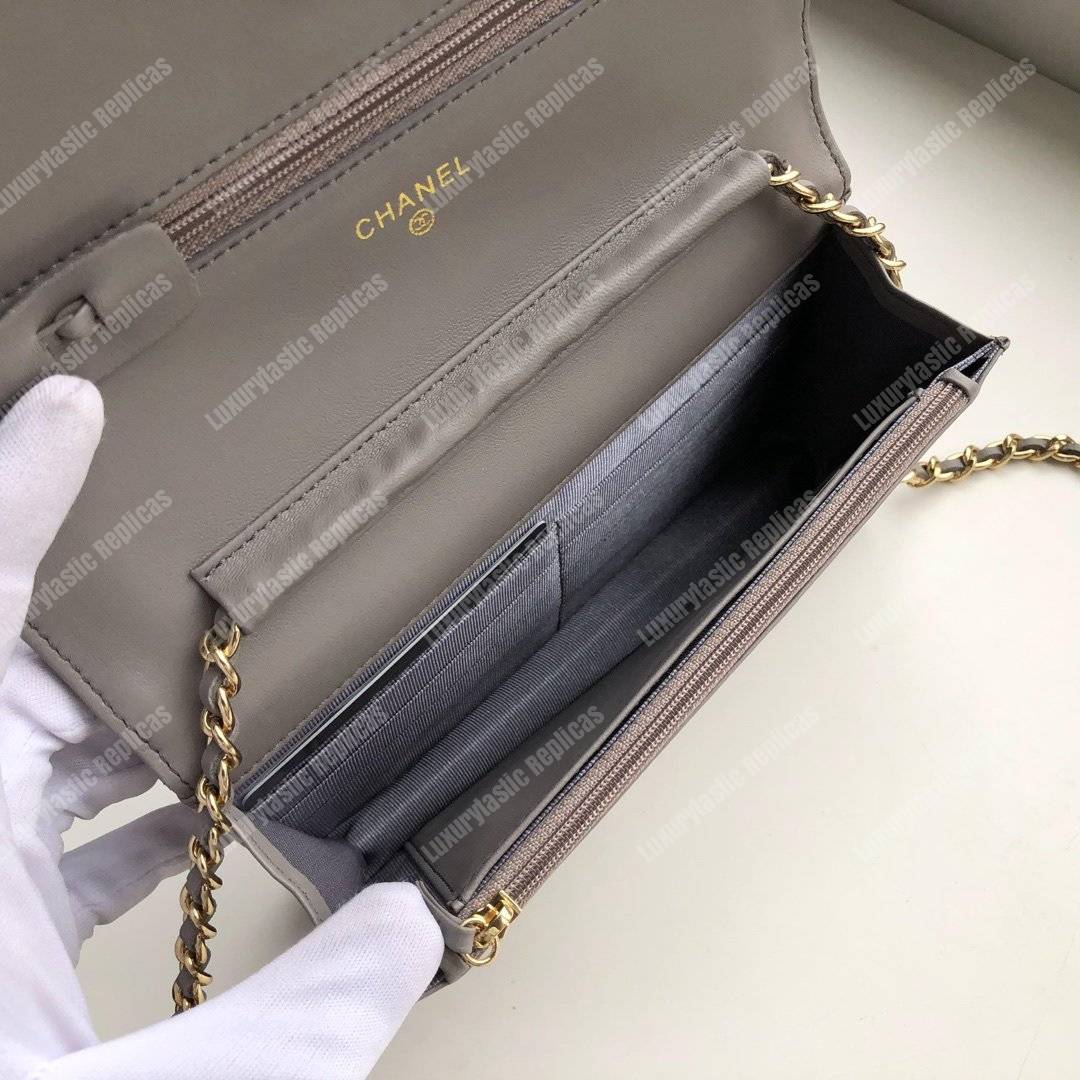 Ch*el wallet on chain – woc quilted lambskin grey gold-toned