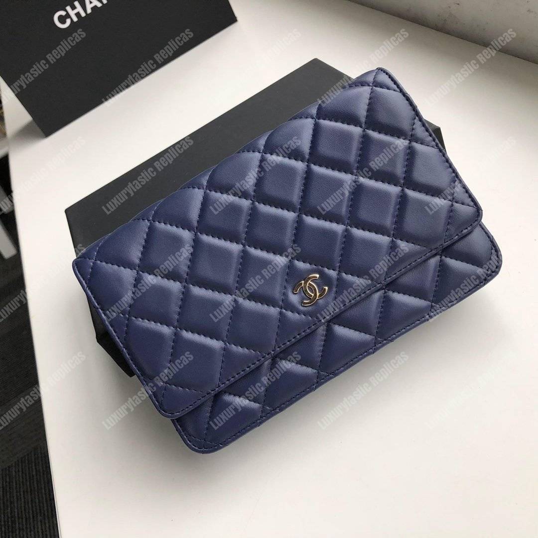 Ch*el wallet on chain – woc quilted lambskin dark blue gold-toned