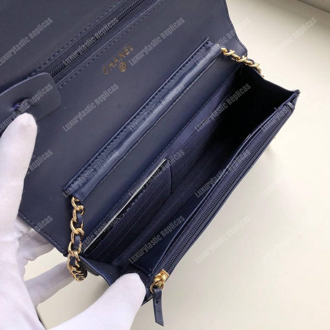 Ch*el wallet on chain – woc quilted lambskin dark blue gold-toned