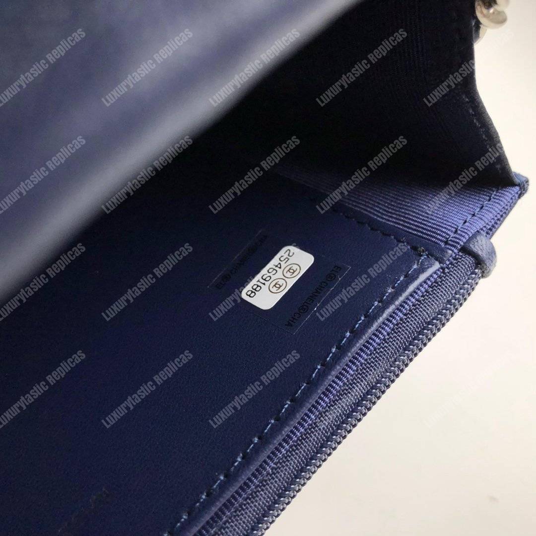 Ch*el wallet on chain – woc quilted lambskin dark blue silver-toned