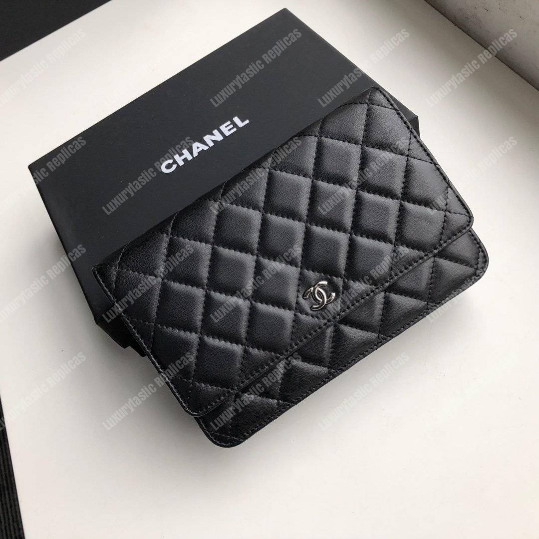 Ch*el wallet on chain – woc quilted lambskin black silver-toned