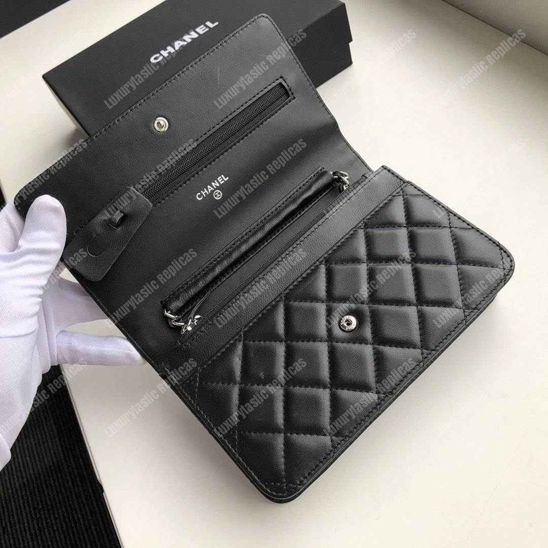 Ch*el wallet on chain – woc quilted lambskin black silver-toned