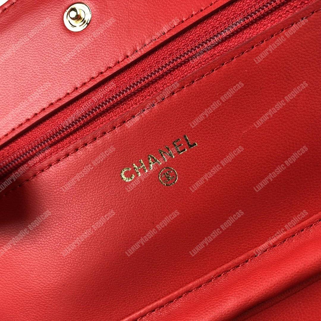 Ch*el wallet on chain – woc quilted lambskin red gold-toned