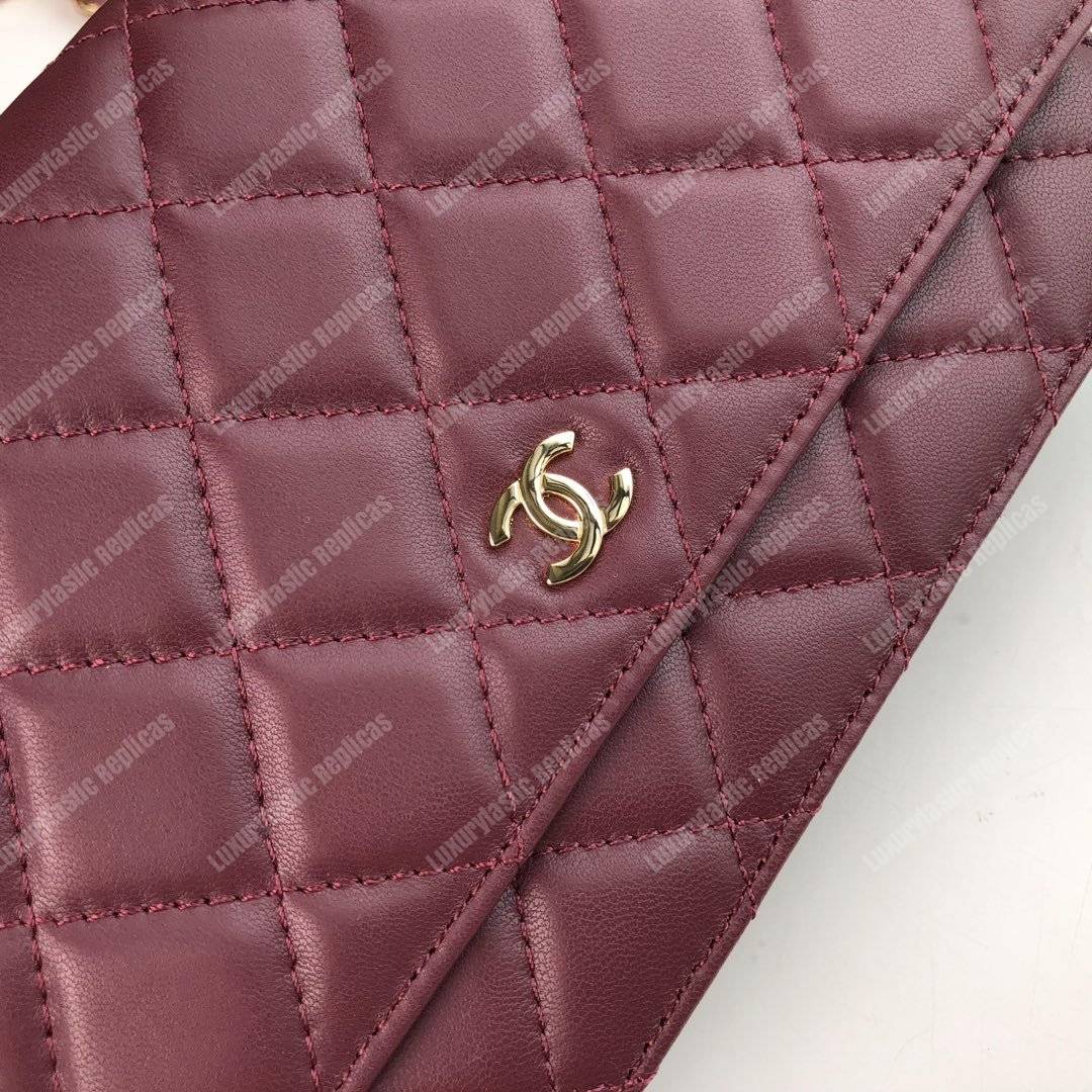 Ch*el wallet on chain – woc quilted lambskin maroon gold-toned