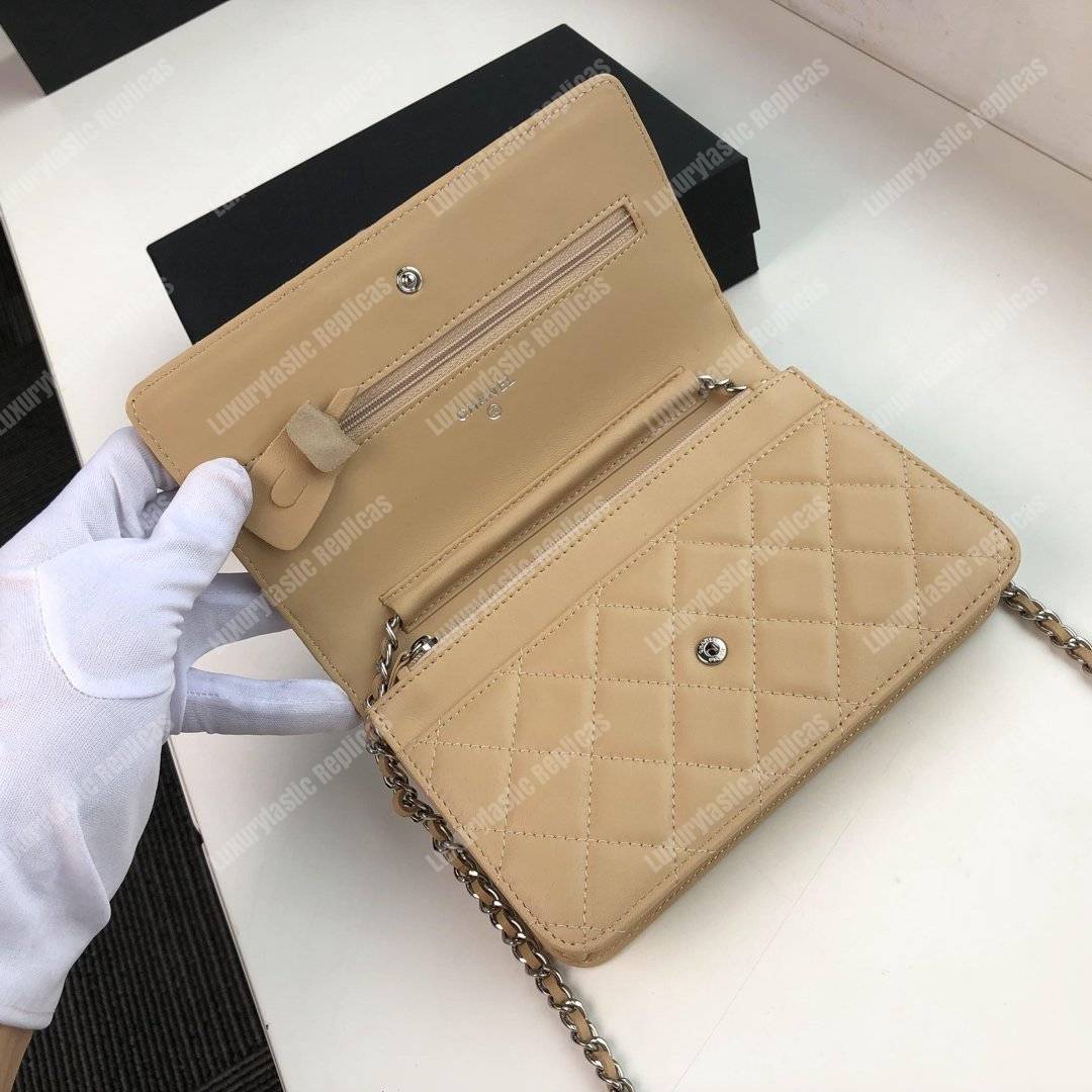 Ch*el wallet on chain – woc quilted lambskin beige silver-toned