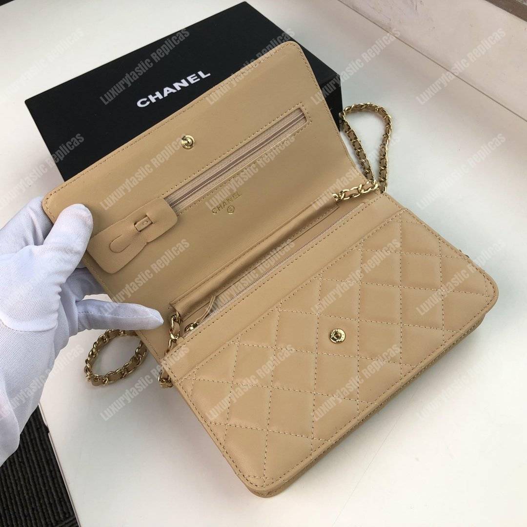 Ch*el wallet on chain – woc quilted lambskin beige gold-toned
